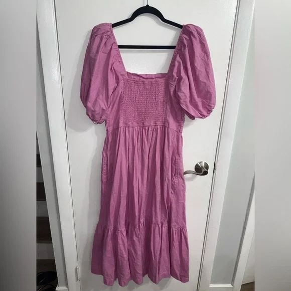 Abercrombie & Fitch Emerson Linen-Blend Puff Sleeve Midi Dress in Pink Size L - Picture 15 of 16